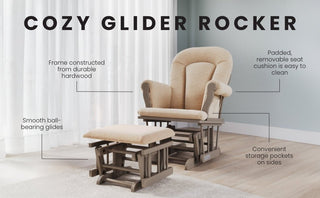 The Child Craft Cozy Glider and Ottoman in Dusty Heather features smooth ball-bearing glides, storage pockets, a removable cushion, and a durable hardwood frame. It sits on a wooden floor near sheer curtains.