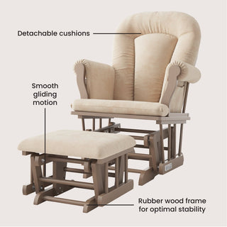 The Child Craft Cozy Glider and Ottoman in Dusty Heather features detachable padded cushions, smooth gliding motion, a sturdy rubber wood frame, and comes with a matching ottoman. Text labels showcase its premium features.