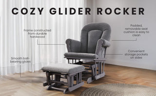 The Child Craft Cozy Glider and Ottoman in cool gray features a hardwood frame, smooth ball-bearing glides, padded removable seat cushion, and handy side storage pockets—ideal as a comfy nursery chair for any bright room.