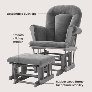 The Child Craft Cozy Glider and Ottoman in Cool Gray features detachable cushions, smooth gliding motion, and a stable rubber wood frame. Text labels highlight these nursery chair benefits.