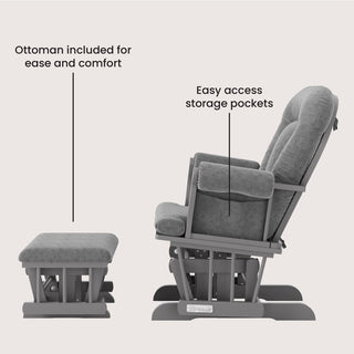 The Child Craft Cozy Glider and Ottoman in Cool Gray features plush cushions, a comfy padded ottoman, and side pockets on the glider rocker for convenient storage.