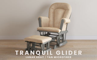 A tan Tranquil Nursery Glider Cushion by Child Craft with gray wood frame sits on a light wood floor by a beige wall. Text reads: Tranquil Nursery Glider Cushion—cozy comfort from Child Craft for your nursery.