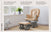 A Tranquil Nursery Glider Cushion by Child Craft, with foam padded cushions, a durable hardwood frame, and customizable features, sits by a window in a cozy room with a toy sheep and plant, paired with a matching ottoman.