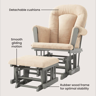 The Child Craft Tranquil Nursery Glider Cushion set features a beige, detachable cushioned seat, smooth gliding motion, and a sturdy rubber wood frame—highlighted text labels showcase this baby chair’s key benefits.