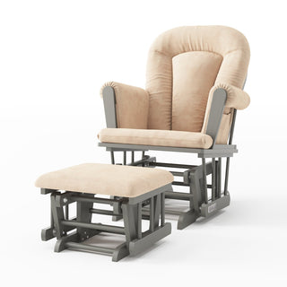 The Child Craft Tranquil Nursery Glider Cushion is a cushioned beige glider and ottoman with grey wooden frames and visible gliding mechanisms, ideal as a baby rocking chair, shown against a white background.
