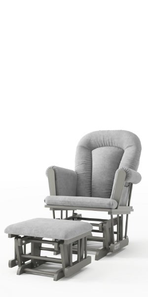 The Child Craft Tranquil Nursery Glider Cushion features soft gray upholstery, padded back and arms, and sturdy wooden frames—an ideal baby rocking chair and ottoman set, shown on a white background.