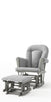 The Child Craft Tranquil Nursery Glider Cushion features soft gray upholstery, padded back and arms, and sturdy wooden frames—an ideal baby rocking chair and ottoman set, shown on a white background.