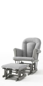 The Child Craft Tranquil Nursery Glider Cushion set features a gray upholstered glider and ottoman with padded armrests on wooden bases, ideal as a baby rocking chair, shown against a white background.