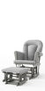 The Child Craft Tranquil Nursery Glider Cushion set features a gray upholstered glider and ottoman with padded armrests on wooden bases, ideal as a baby rocking chair, shown against a white background.