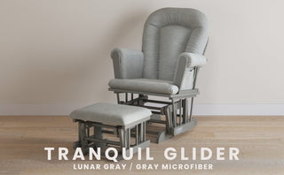 A gray Child Craft Tranquil Nursery Glider Cushion with matching ottoman rests on a wooden floor by a beige wall. Perfect as a baby rocking chair for any cozy space. Text: Tranquil Nursery Glider Cushion, Lunar Gray / Gray Microfiber.