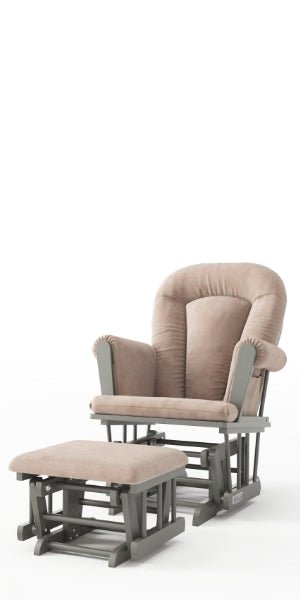 The Child Craft Tranquil Nursery Glider Cushion features cushioned light brown upholstery and sleek gray wooden frames—a cozy baby rocking chair and ottoman set, ideal for nurseries and shown against a white background.
