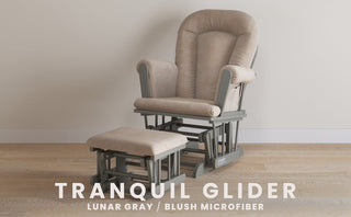 A beige Tranquil Nursery Glider Cushion by Child Craft rests on a wooden floor against a light wall. Text reads: Lunar Gray / Blush Microfiber—your perfect baby rocking chair for comfort and style.