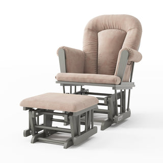 The Child Craft Tranquil Nursery Glider Cushion is a cushioned beige nursery glider and ottoman with gray wooden frames and plush upholstery, perfect as a baby rocking chair, shown on a plain white background.