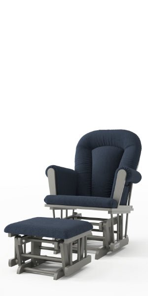The Child Craft Tranquil Nursery Glider Cushion and ottoman set, both with gray wooden frames and padded dark blue cushions, are displayed on a white background.