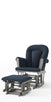 The Child Craft Tranquil Nursery Glider Cushion and ottoman set, both with gray wooden frames and padded dark blue cushions, are displayed on a white background.