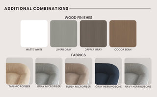 A chart displays design options for the Tranquil Nursery Glider and Ottoman by Child Craft in matte white, with four wood finishes and six fabric selections including tan, gray, blush microfiber, plus gray and navy herringbone.