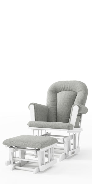 The Child Craft Tranquil Nursery Glider and Ottoman in Matte White features a cushioned gray chair with a white wooden frame and a matching padded ottoman, both displayed on a plain white background.