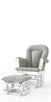 The Child Craft Tranquil Nursery Glider and Ottoman in Matte White features a cushioned gray chair with a white wooden frame and a matching padded ottoman, both displayed on a plain white background.