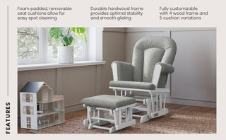 A Child Craft Tranquil Nursery Glider and Ottoman in Matte White, featuring plush foam padding, a sturdy hardwood frame, and customizable options, rests in a cozy wood-floored room beside a window, houseplant, and dollhouse.