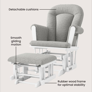 The Child Craft Tranquil Nursery Glider and Ottoman in Matte White features detachable grey cushions, smooth gliding motion, and a sturdy white rubber wood frame for stability.