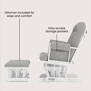 The Child Craft Tranquil Nursery Glider and Ottoman in Matte White features an included ottoman for added comfort and side pockets on the glider for easy-access storage.