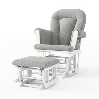 The Child Craft Tranquil Nursery Glider and Ottoman in Matte White features cushioned gray seating, padded armrests, and matching white wooden frames, creating a stylish and comfortable addition to any nursery.