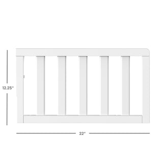 Child Craft F09501 Toddler Guard Rail in matte white, measuring 12.25" tall by 22" wide, features five vertical slats and a smooth top edge. Shown from the side, it's made of sturdy wood for secure crib conversion.