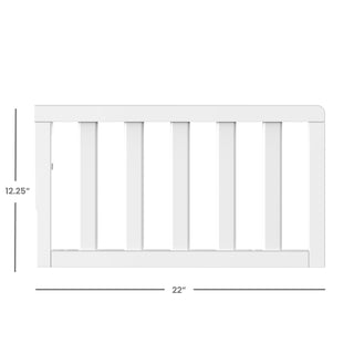 Child Craft F09501 Toddler Guard Rail in matte white, measuring 12.25" tall by 22" wide, features five vertical slats and a smooth top edge. Shown from the side, it's made of sturdy wood for secure crib conversion.