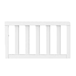 The Child Craft F09501 Toddler Guard Rail in Matte White features strong wood construction and vertical slats to prevent falls. The side-view image highlights its simple, modern design.