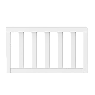 The Child Craft F09501 Toddler Guard Rail in Matte White features strong wood construction and vertical slats to prevent falls. The side-view image highlights its simple, modern design.