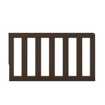 The Child Craft F09501 Toddler Guard Rail in Brushed Truffle features vertical slats and attaches to beds or cribs as part of a crib conversion to help prevent falls.
