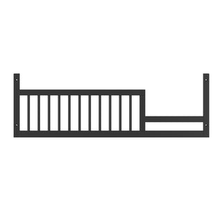 The Child Craft F09502 Toddler Guard Rail in Ebony features vertical metal slats and two side panels with screw holes, ideal for use as a crib conversion kit or with Child Craft cribs. Shown isolated on a white background.