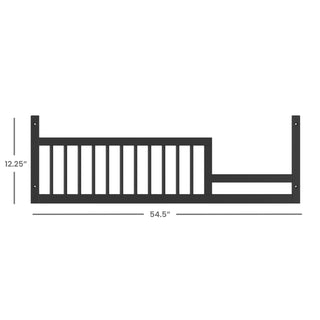 The F09502 Toddler Guard Rail in Ebony by Child Craft features vertical slats, measures 54.5" wide x 12.25" tall, and provides a secure crib conversion kit for your child's safety.