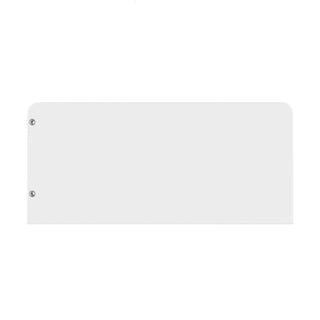 A Child Craft F09505 - Toddler Guard Rail in matte white is shown: a rectangular panel with rounded top corners and three metal screws on the left, perfect as a crib conversion kit component.