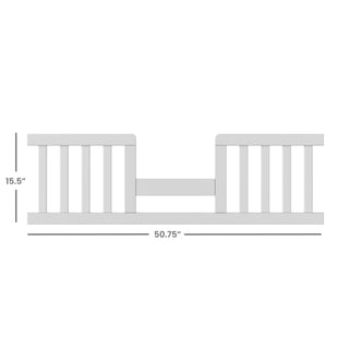 Diagram of the Child Craft F09514 Toddler Guard Rail in matte white, featuring durable wood, vertical slats, and measuring 15.5" tall by 50.75" wide—ideal for toddler bed conversion. Measurement lines and numbers are included.