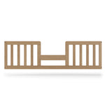 The Child Craft F09514 Toddler Guard Rail in Nutmeg features vertical slats and a central gap for easy access, providing safety and fall prevention when converting your crib to a toddler bed.