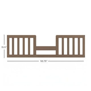 The Child Craft F09514 Toddler Guard Rail in Dusty Heather features sturdy wood construction with vertical slats, measures 15.5" tall by 50.75" wide, and is shown against a white background.