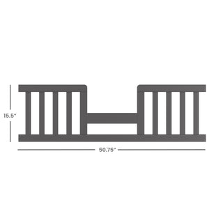 The Child Craft F09514 Toddler Guard Rail in Cool Gray features sturdy wood construction, vertical bars on each side, a center gap, and measures 15.5" high by 50.75" wide—perfect for toddler bed conversion.