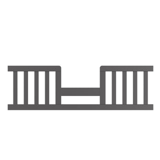 A simple cool gray illustration of the Child Craft F09514 Toddler Guard Rail, featuring a flat rail with vertical supports and a central gap connected by a sturdy horizontal beam.