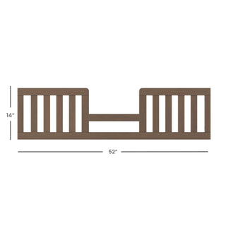 The Child Craft Toddler Guard Rail - Dusty Heather features a brown wooden design with baby-safe finishes and vertical slats. Measuring 14" tall by 52" wide, it's shown against a white background with measurement lines.