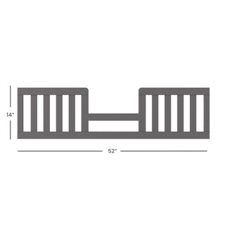 The Child Craft Toddler Guard Rail in Cool Gray features vertical slats, measures 14" high by 52" long, and has a center section lower than the equally tall sides. Dimension lines mark its measurements.