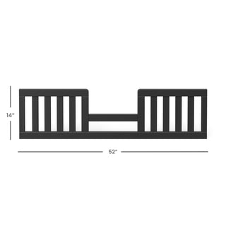 The Child Craft F09544 Toddler Guard Rail in Ebony features vertical slats, measures 14"H x 52"W, and is non-toxic—ideal as a crib conversion kit. Shown with labeled dimensions against a white background.