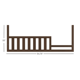 The Child Craft F09554 Toddler Guard Rail in Toasted Chestnut features vertical slats, measures 22" tall by 54.75" wide, and is ideal as a crib guard rail or toddler bed conversion accessory.