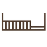 The Child Craft F09554 Toddler Guard Rail in Toasted Chestnut features vertical slats on the left and an open section on the right, designed to attach securely to a Child Craft crib for safe toddler bed conversion.