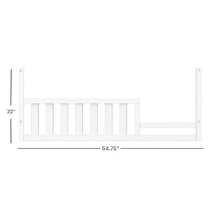 Side view diagram of the Child Craft F09554 Toddler Guard Rail in matte white, featuring vertical slats and measuring 22"H x 54.75"L—perfect for converting your crib to a toddler bed.