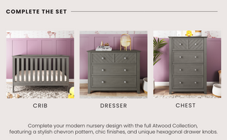 The Child Craft Atwood 3-in-1 Euro Convertible Crib in Lunar Gray is part of a nursery set featuring a crib, three-drawer dresser, and tall chest, showcased in modern pastel-colored rooms.