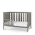 The Child Craft F09501 Toddler Guard Rail in Lunar Gray features strong wood construction, a partial guard rail, slatted sides and back, a solid mattress base, and a white mattress, all set against a plain white background.