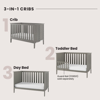 Diagram of the Child Craft Atwood 3-in-1 Euro Convertible Crib in Lunar Gray, showing conversion to a crib, toddler bed with optional guard rail, and day bed. Each stage is numbered and labeled on a light background.