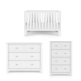 The set includes the Child Craft Atwood 3-in-1 Euro Convertible Crib in Matte White, plus a wide three-drawer dresser and a tall three-drawer chest, all featuring modern, minimalist white designs.