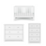 The set includes the Child Craft Atwood 3-in-1 Euro Convertible Crib in Matte White, plus a wide three-drawer dresser and a tall three-drawer chest, all featuring modern, minimalist white designs.